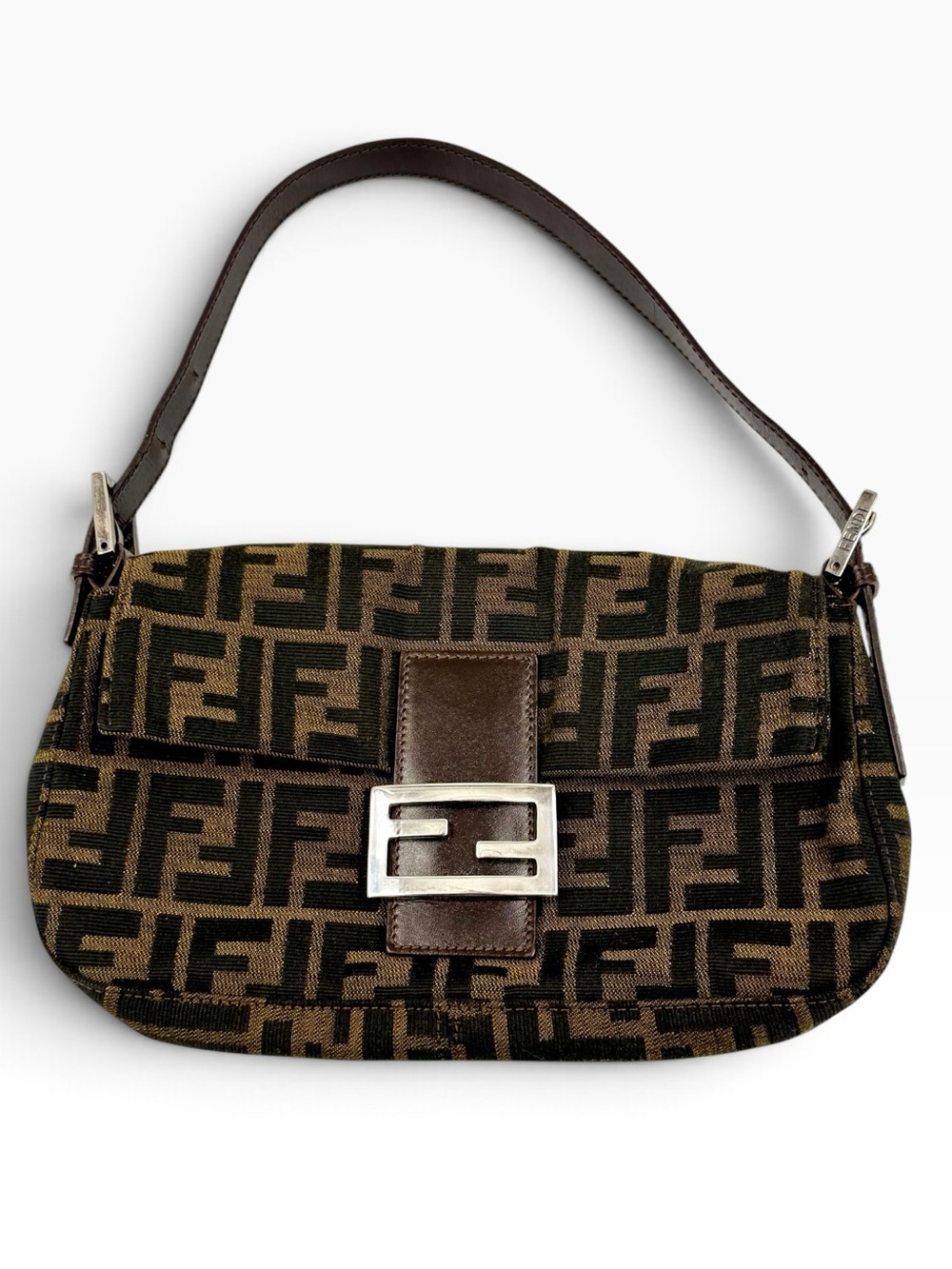 Auth FENDI ZUCCA BAGUETTE shoulder Bag Brown Monogram Canvas vintage LIKE NEW